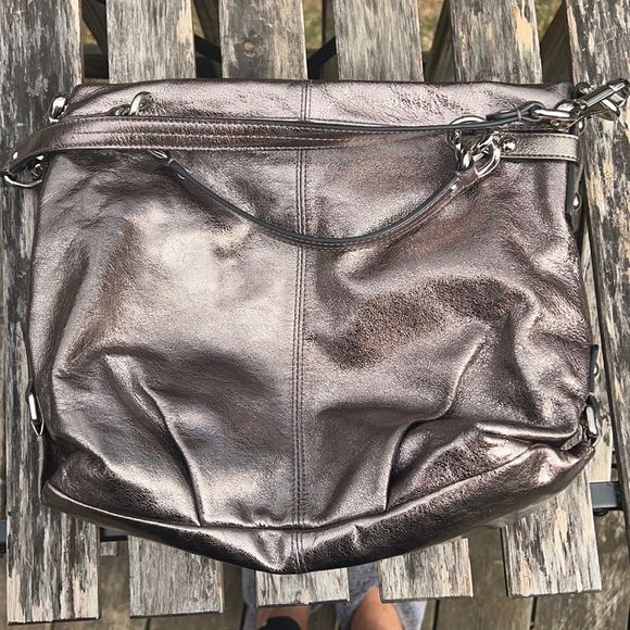 Coach Brook pewter metallic silver hobo satchel bag removable shoulder strap - Picture 3 of 13